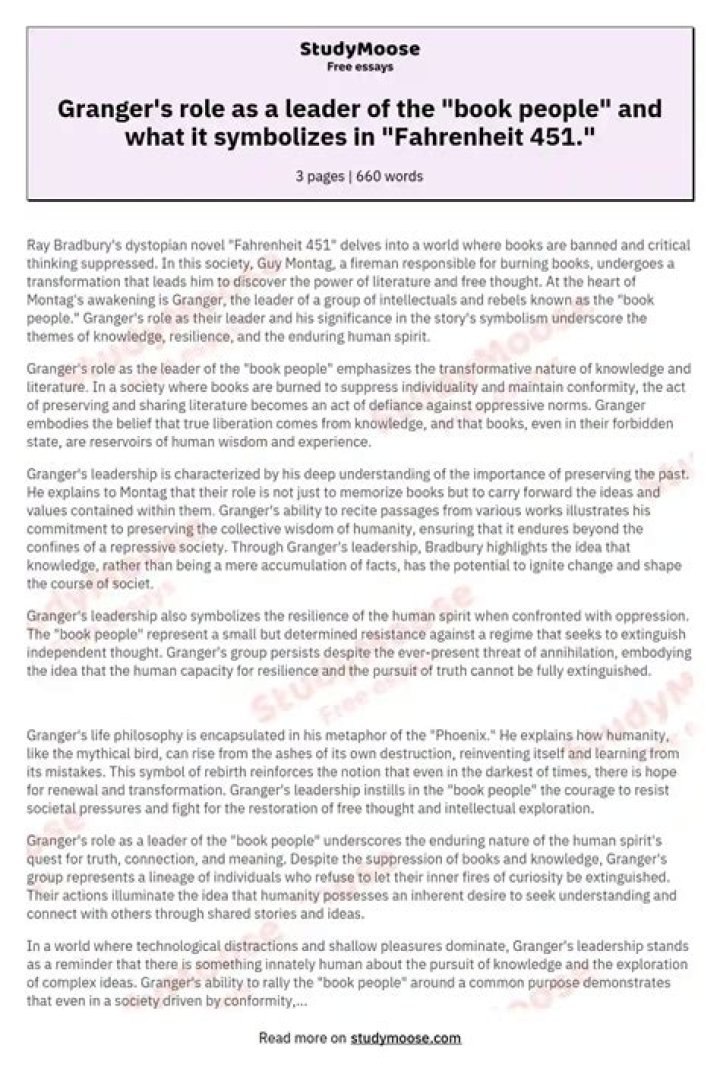 What is Granger’s role in Fahrenheit 451?