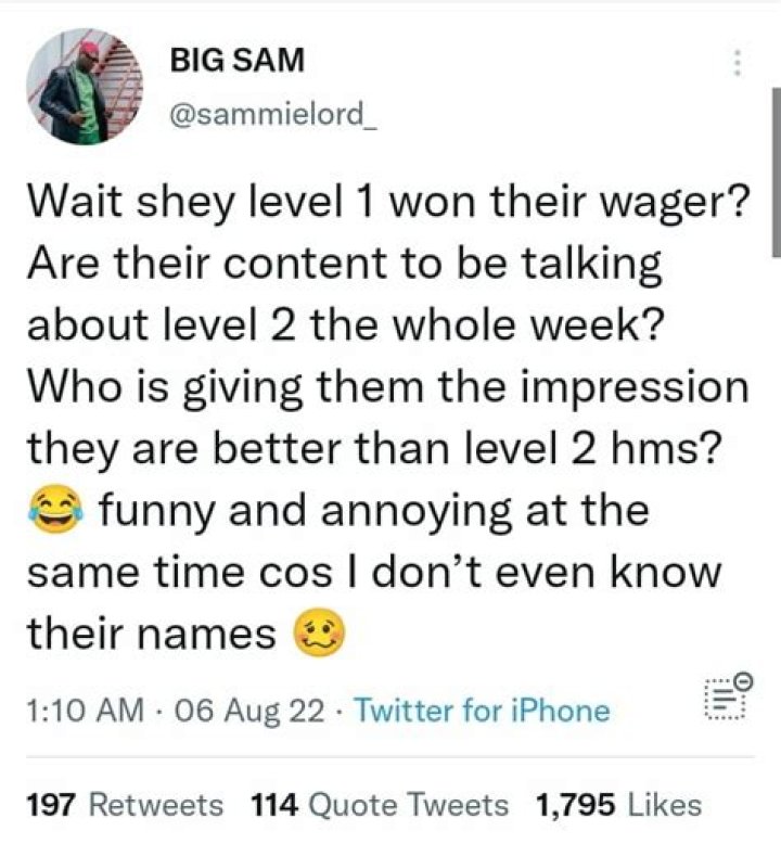 
“Who Gave Them The Impression That They Are Better Than Level 2?” BBNaija’s Sammie Slams Level 1 Housemates 